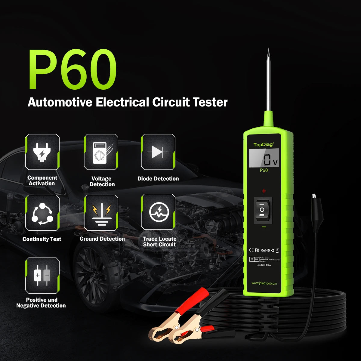 TopDiag P60 Automotive electronic control system activator for 6-30V automotive power circuit diagnostics