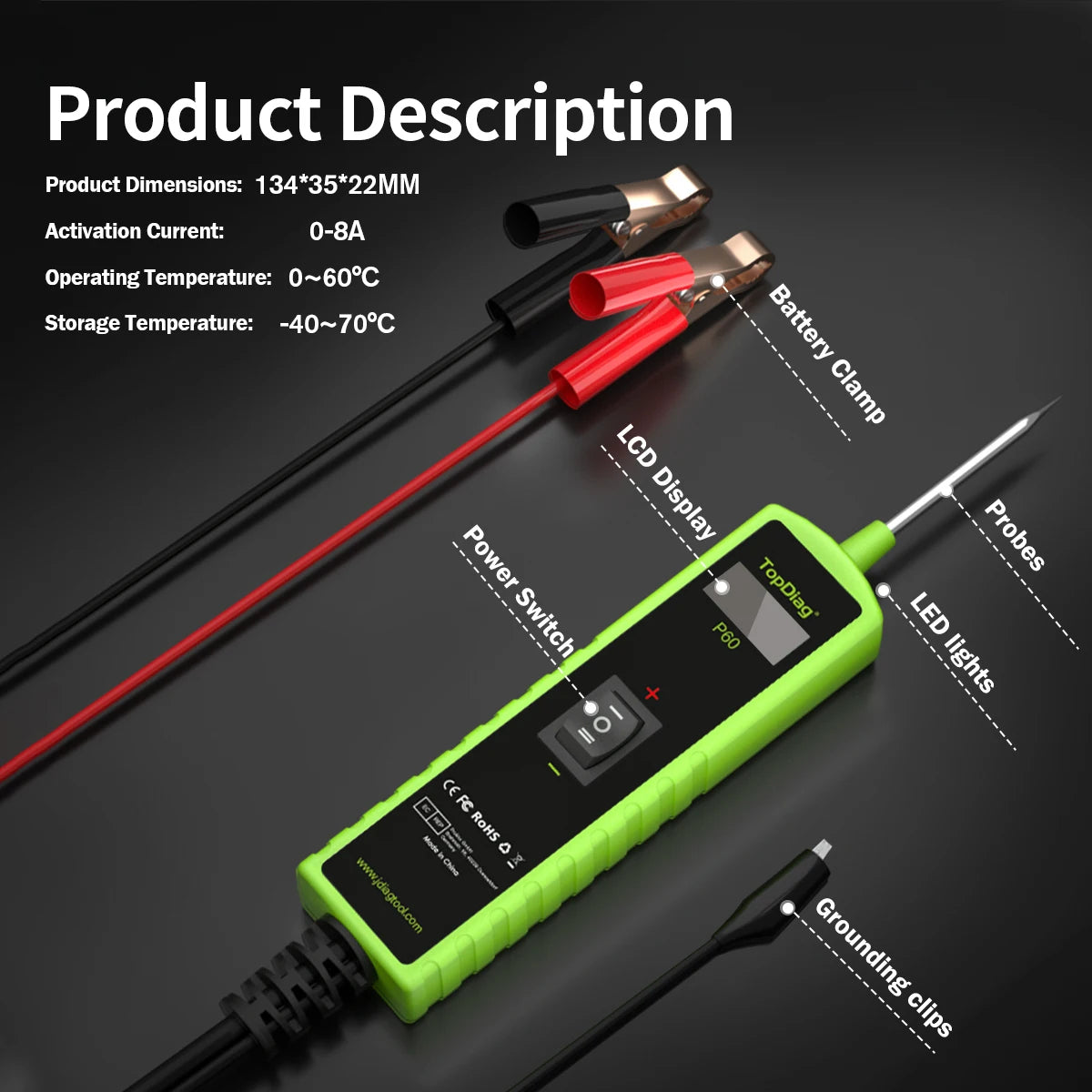 TopDiag P60 Automotive electronic control system activator for 6-30V automotive power circuit diagnostics
