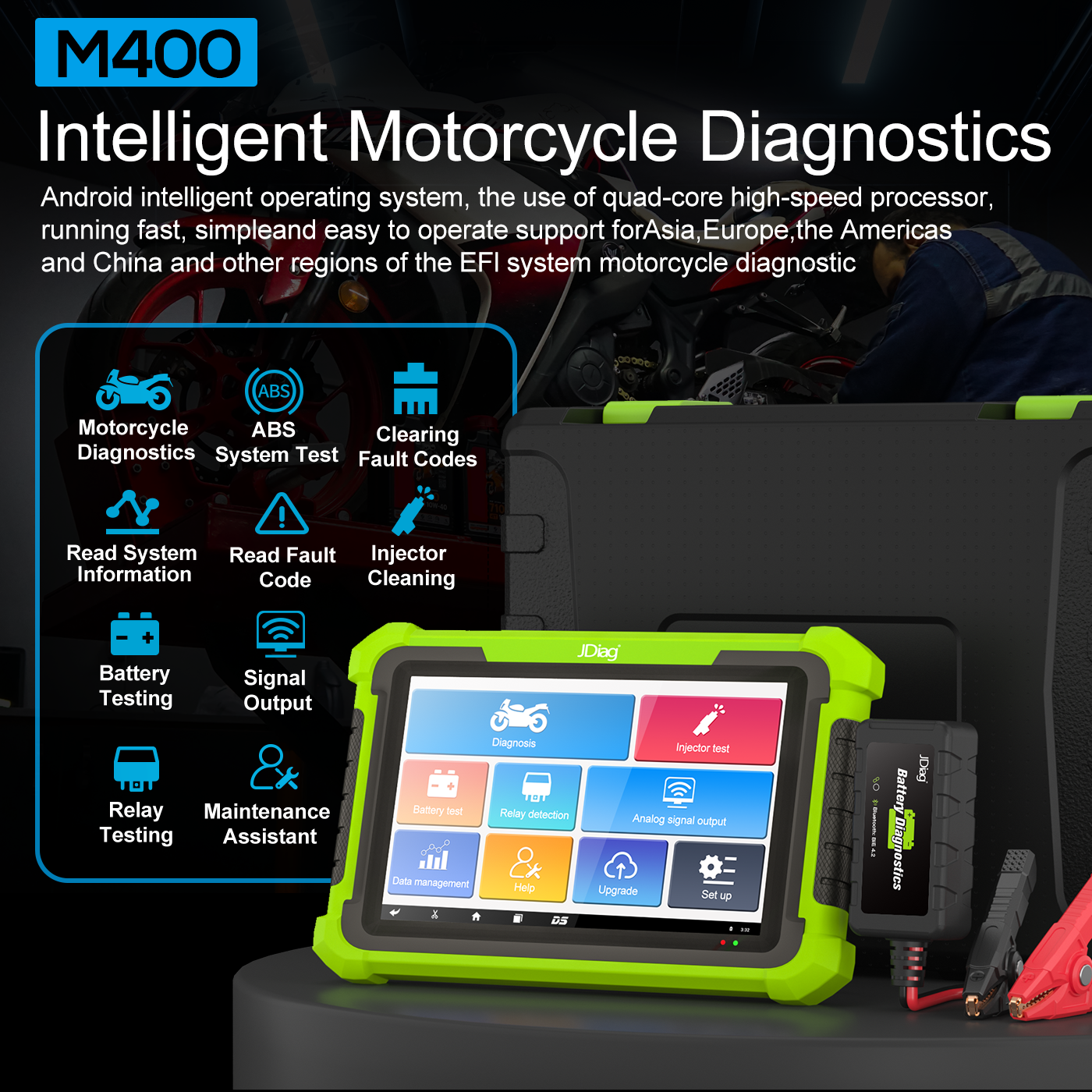 JDIAG M400 Universal Motorcycle OBD2 Scanner 8 inch Tablet Scanner Android System Support Motorcycle ECU Programmer