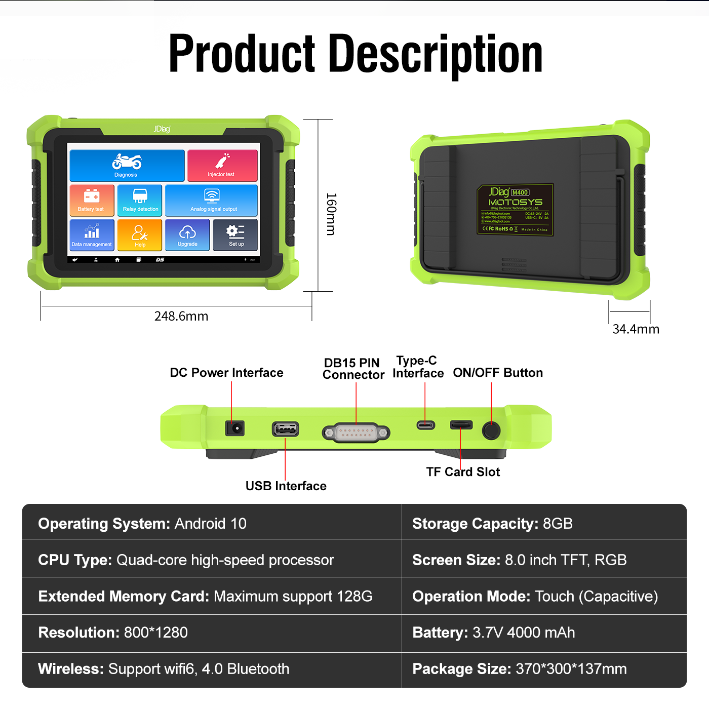 JDIAG M400 Universal Motorcycle OBD2 Scanner 8 inch Tablet Scanner Android System Support Motorcycle ECU Programmer